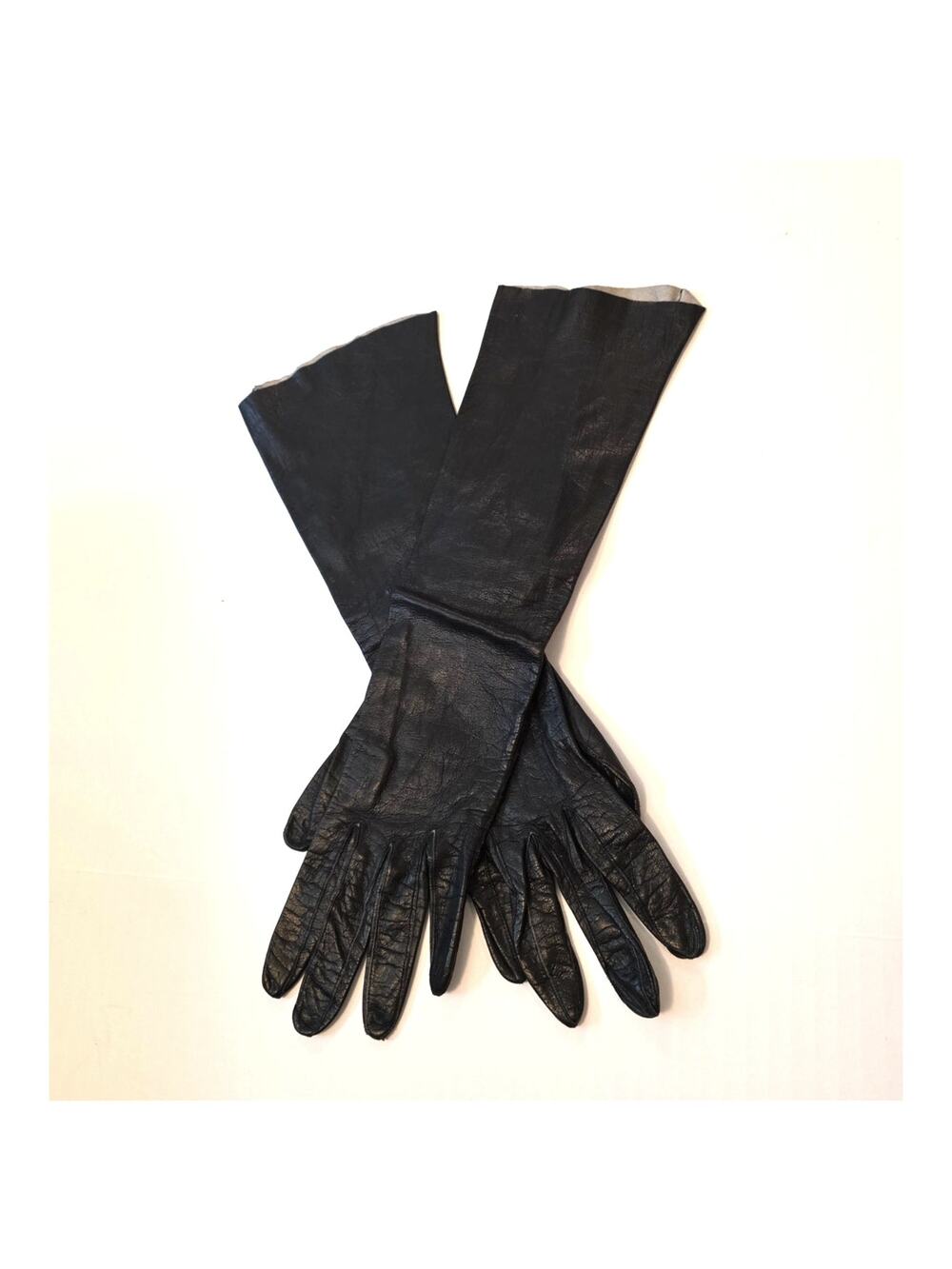 Vintage Black Leather Elbow Gloves 14" Womens Sz 6 1/2" Made in Italy Old Money
